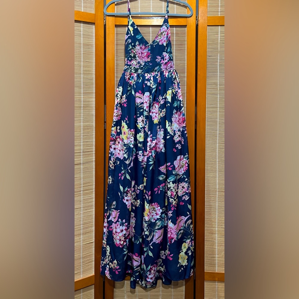 Floral Navy Maxi Dress with V-Neck